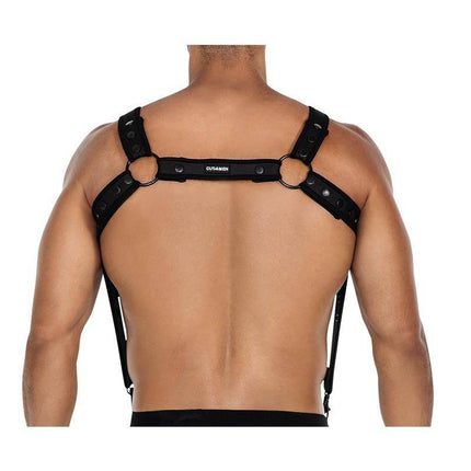 Back view of H4RNESS05 Chest Harness Neon Black One Size, adjustable neoprene with removable suspenders, worn by model.