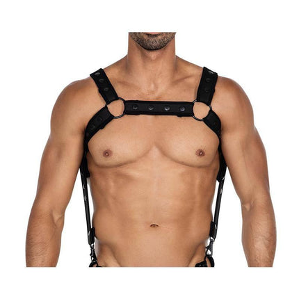H4RNESS05 Chest Harness Neon Black One Size with adjustable neoprene straps for versatile styling, showcased on a male torso.