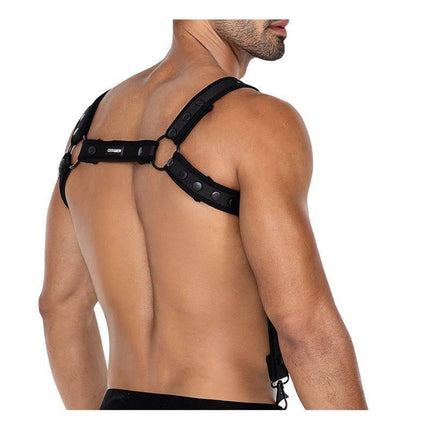 H4RNESS05 Chest Harness Neon Black One Size worn by a model, showcasing adjustable neoprene straps for a bold, modern look.