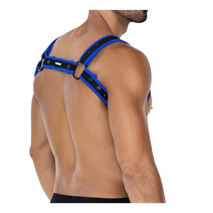 Back view of H4RNESS05 Chest Harness Neon Electric Blue One Size worn by model.
