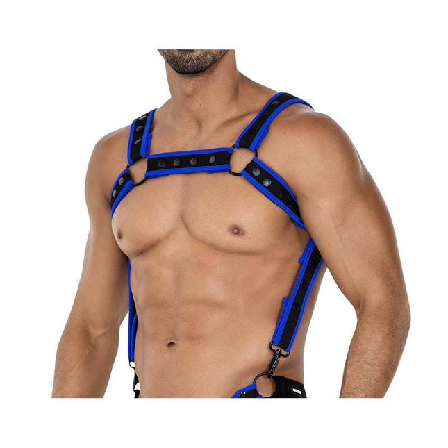 H4RNESS05 Chest Harness Neon Electric Blue One Size bold fashion-forward accessory front view