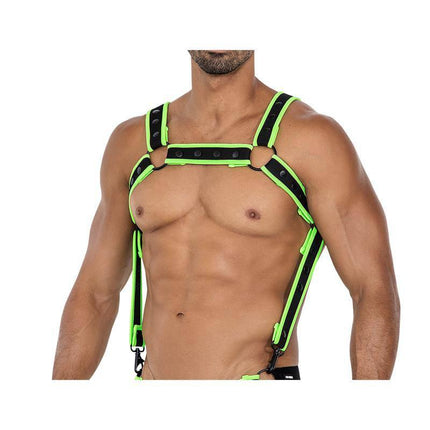 H4RNESS05 Chest Harness Neon Green One Size in neon accents and 100% neoprene for a snug and bold silhouette, one size fits all design.