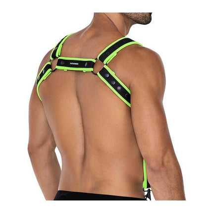 H4RNESS05 Chest Harness Neon Green One Size in neoprene, shown on a model, emphasizing bold silhouette and modern design.
