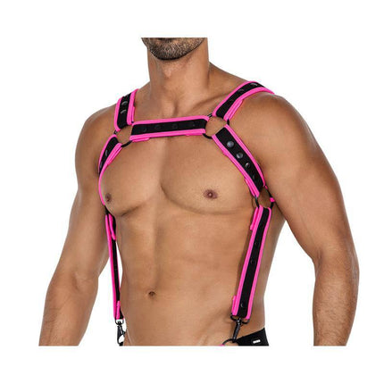 H4RNESS05 Chest Harness Neon HotPink One size from CUT4MEN Neo Harness collection on male model, showcasing bold streetwear style.