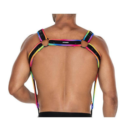 Back view of H4RNESS05 Chest Harness Neon MultiColor One size, showing adjustable neoprene straps and vibrant neon edges.