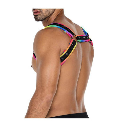 Model wearing H4RNESS05 Chest Harness Neon MultiColor One size, showcasing back view and adjustable neoprene straps.