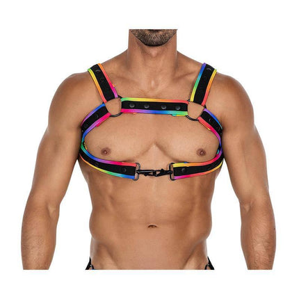 H4RNESS05 Chest Harness Neon MultiColor One size worn by model, showcasing adjustable straps and neoprene material.
