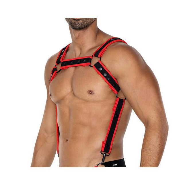H4RNESS05 Chest Harness Neon Red One size - Neon red neoprene chest harness for nightlife and photoshoots.