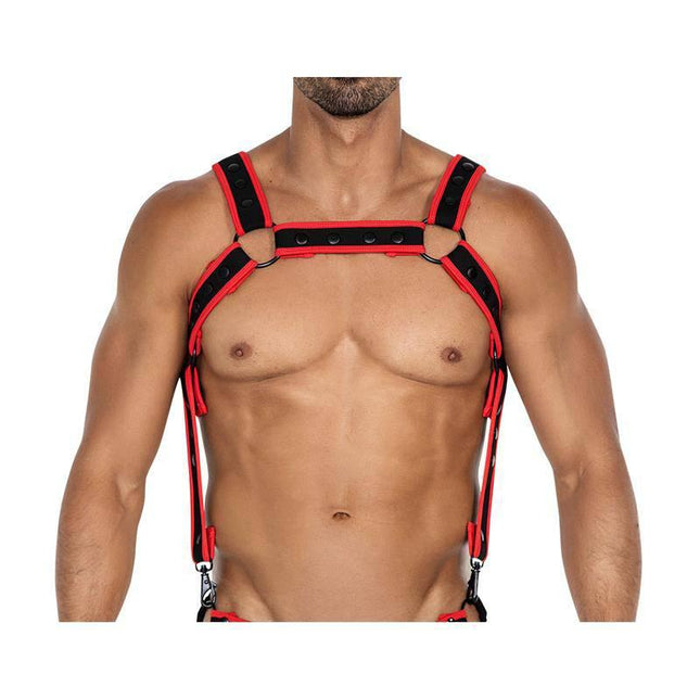 H4RNESS05 Chest Harness Neon Red One size modeled for nightlife fashion