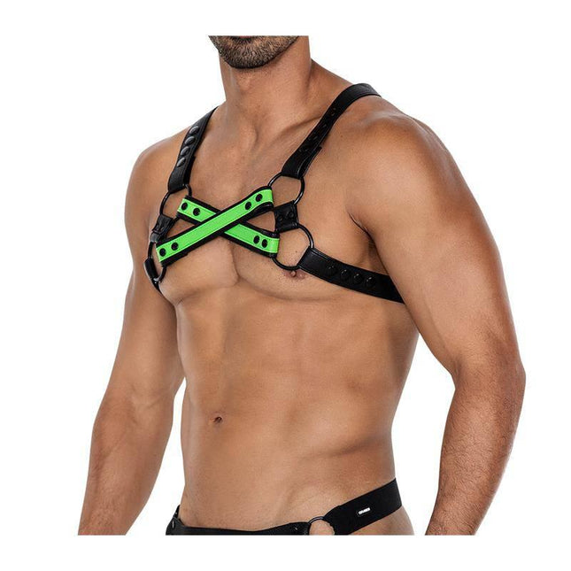 H4RNESS06 Chest Harness 4WAY Blazing Green One Size worn by model showcasing versatile design