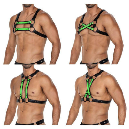 H4RNESS06 Chest Harness 4WAY Blazing Green One Size worn in different styles.