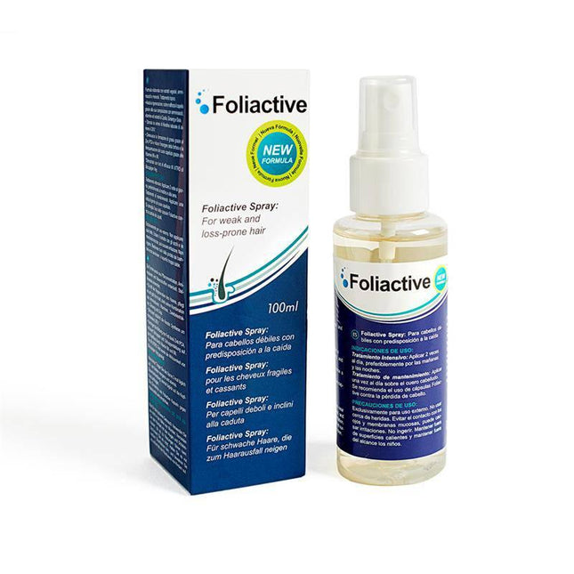 Hair Loss Foliactive Spray in 100 ml bottle with package, paraben-free formula for hair growth and scalp nourishment.