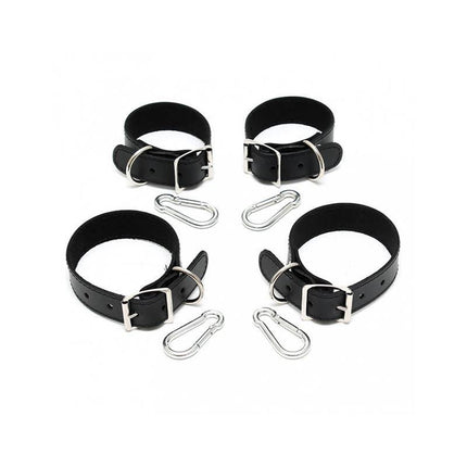 Hand and Feet Cuffs 2,5 CM premium leather restraint set for immersive BDSM play, featuring black leather cuffs and metal carabiners.
