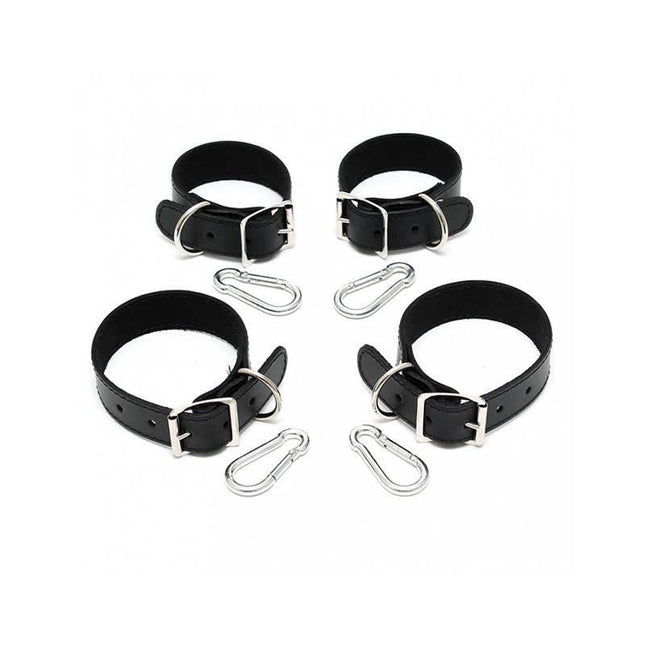Hand and Feet Cuffs 2,5 CM premium leather restraint set for immersive BDSM play, featuring black leather cuffs and metal carabiners.
