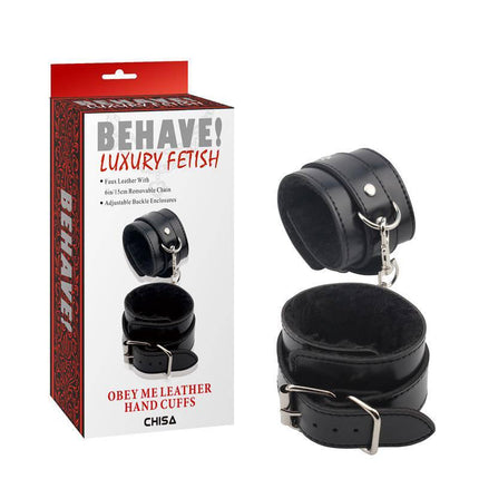 Hand Cuffs Obey Me 31 cm PU leather restraints, adjustable with removable chain, in packaging