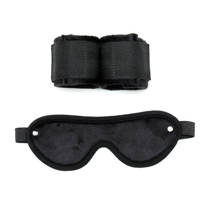 Hand Cuffs with Mask Adjustable Black set showing nylon handcuffs and comfortable mask with Velcro fastenings for secure fit