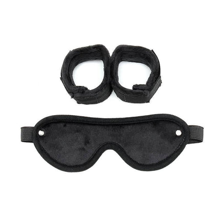 Hand Cuffs with Mask Adjustable Black set with soft restraints and Velcro fasteners.