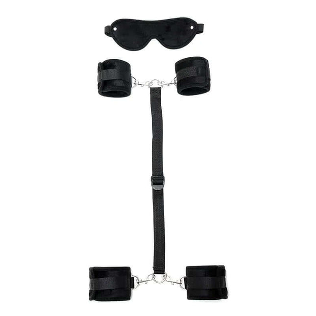 Hand to Ankle Cuffs with Mask Adjustable Black, nylon bondage restraint set with Velcro fastening for comfort and secure fitting.