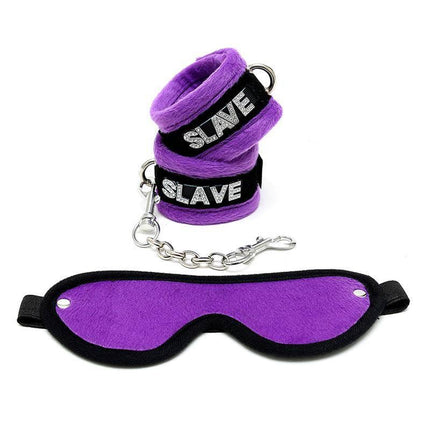 Handcuffs and Eyemask Purple set with 'slave' inscription, featuring bold purple color for couples' playful restraint