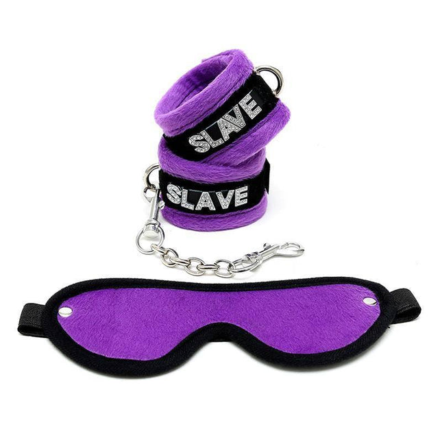 Handcuffs and Eyemask Purple set with 'slave' inscription, featuring bold purple color for couples' playful restraint