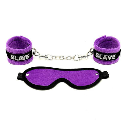 Handcuffs and Eyemask Purple - bondage set with purple handcuffs labeled 'slave' and matching eyemask for playful restraint.