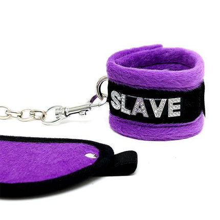 Handcuffs and Eyemask Purple with 'slave' inscription in bold purple color, compact bondage set for couples.