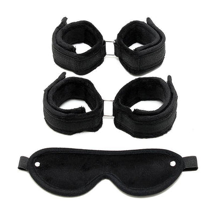 Handcuffs, AnkleCuffs and Mask Black restraint set with eye mask and cuffs for playful bondage.