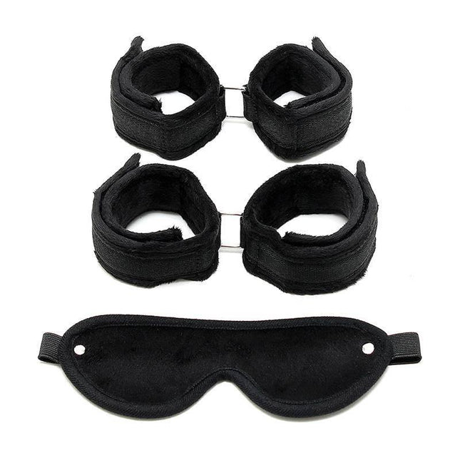 Handcuffs, AnkleCuffs and Mask Black restraint set with eye mask and cuffs for playful bondage.