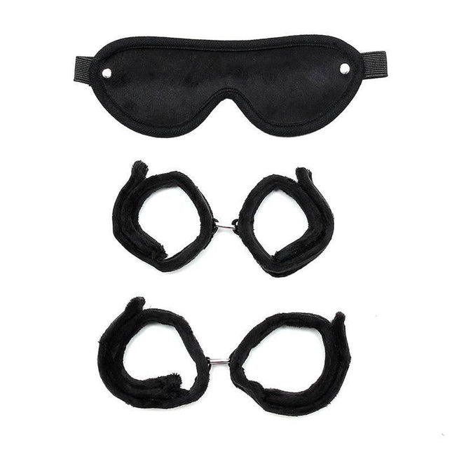 Handcuffs, AnkleCuffs and Mask Black set for playful bondage with sleek design.