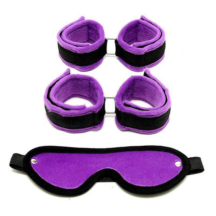Purple bondage kit featuring handcuffs foot cuffs and mask for intimate moments.