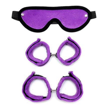 Handcuffs Foot Cuffs and Mask Purple set with eyemask, wrist cuffs, and ankle cuffs for couples' bondage play.