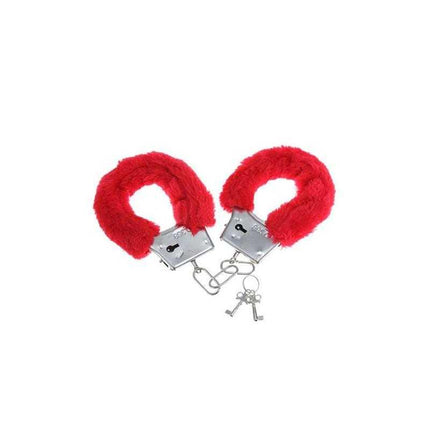 Handcuffs with Fur Red featuring plush lining and keys, ideal for comfortable and stylish intimate moments.