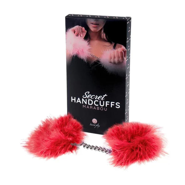 Handcuffs with Marabou Red featuring silky red marabou cuffs and luxurious chain, perfect for playful and romantic evenings.