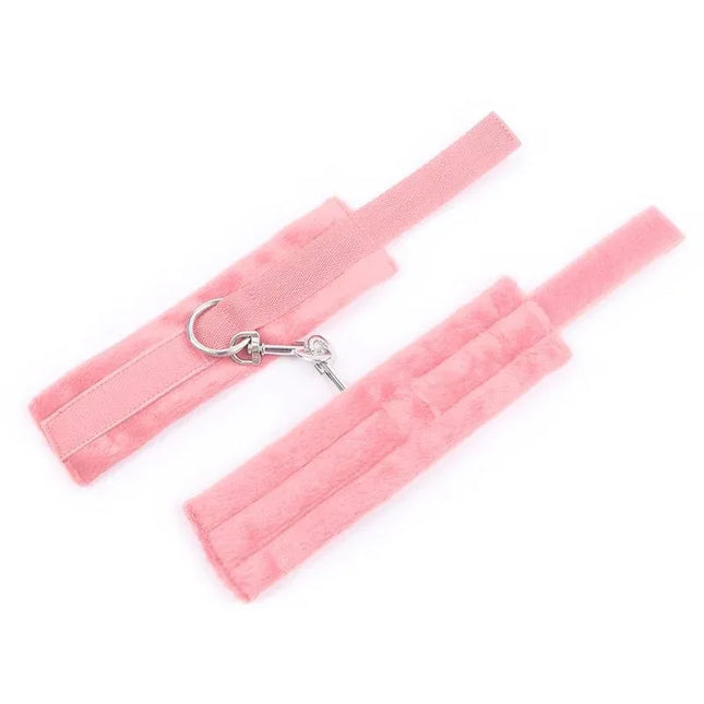 Handcuffs with Velcro with Long Fur Pink, adjustable and comfortable for intimate play, featuring soft nylon material and velcro closure.