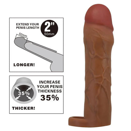 Hani Extended Penis Sleeve adds 2 inches length and 35% girth, realistic texture, waterproof design for enhanced intimacy.