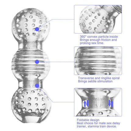Hannx3 Ultimate Handjob Stroker 5.7 showing features like convex particles, transverse spiral, and foldable design for enhanced stimulation.