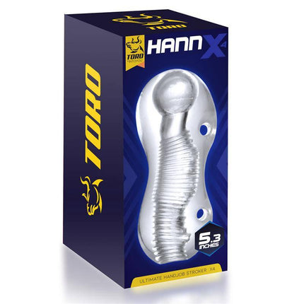 Hannx4 Ultimate Handjob Stroker 5.3 product packaging featuring textured design and ergonomic shape.
