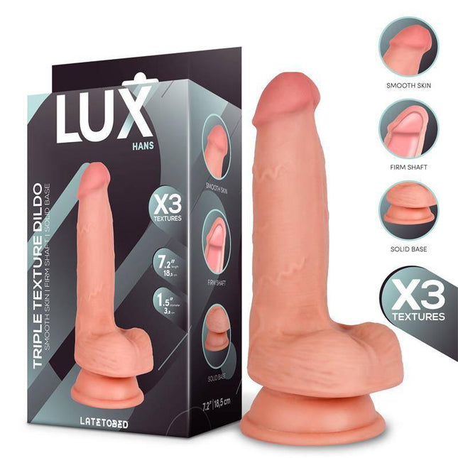 Image of Hans Triple Density Dildo with Balls 7.2 featuring realistic texture and firm core, packaged in a box with product details.