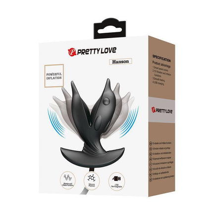 Packaging of Hanson Inflatable Butt Plug with Vibration featuring powerful inflation and vibration settings.