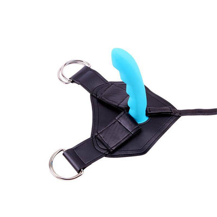 Harness and Dildo Cavelier shown with blue dildo attachment for hands-free pleasure.