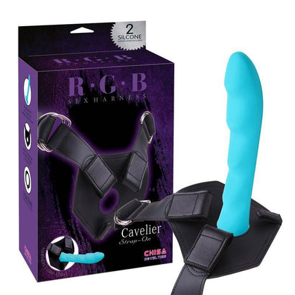 Harness and Dildo Cavelier in packaging with adjustable strap-on harness and blue dildo attachment for versatile play.