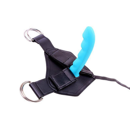Harness and Dildo Cavelier with blue attachment, adjustable for shared or solo play up to a 47-inch waist, three-ring mount system.