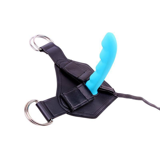 Harness and Dildo Cavelier with blue attachment, adjustable for shared or solo play up to a 47-inch waist, three-ring mount system.