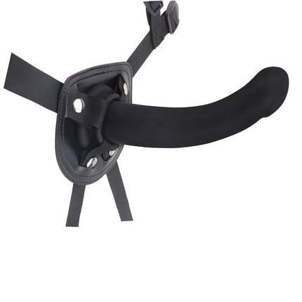 Harness Bend Over For Intermediate Silicone strap-on with black silicone dildo and adjustable vegan leather straps.