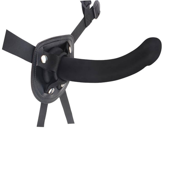 Harness Bend Over For Intermediate Silicone strap-on with black silicone dildo and adjustable vegan leather straps.
