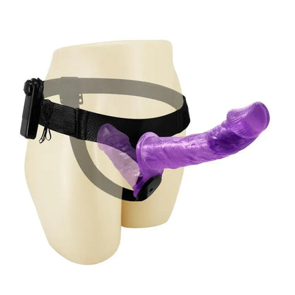 Harness Double Dildo with Vibration Purple on mannequin for product display