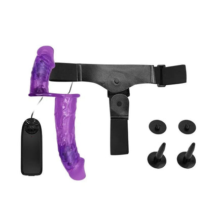 Harness Double Dildo with Vibration Purple, shown with remote control and accessories, designed for enhanced shared pleasure.