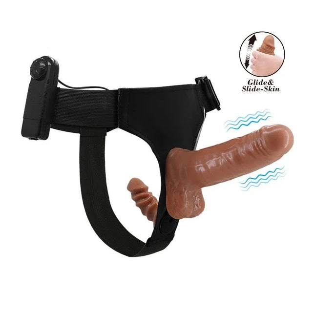 Harness with Double Retractable Dildo with Vibration featuring adjustable fit and dual-stimulation for couples and solo play