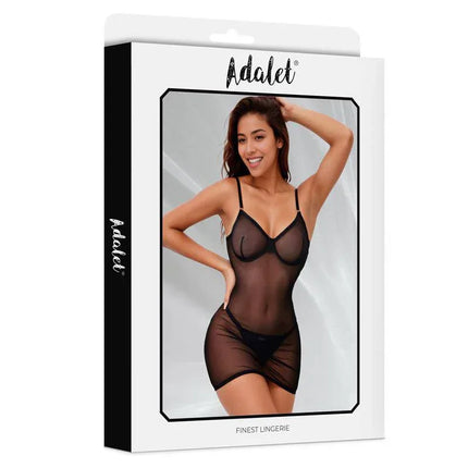 Model wearing Hazel Babydoll with Thong by Adalet, featuring a semi-transparent black corset design for an elegant and seductive look.
