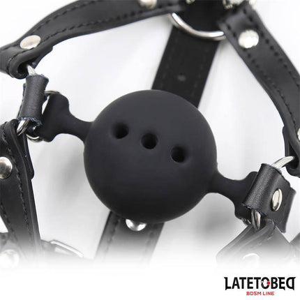 Head Harness with Ball Gag and Nose Hook featuring a black leather harness and adjustable straps for secure fit during BDSM scenes.